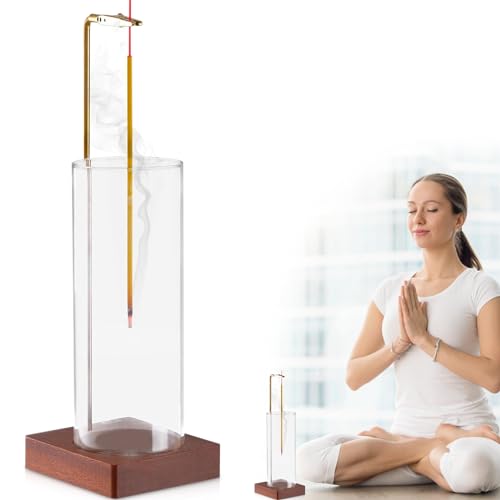 Pritok Supporto per bastoncini di incenso in legno: bruciatore con contenitore in vetro rimovibile, contenitore per incenso rovesciato, supporto per yoga, meditazione