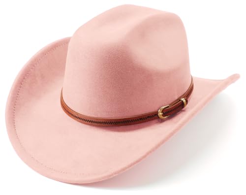 Image of DRESHOW Cowboy Hat for Women and Men Wide Brim Western Cowboy Cowgirl Hat with Belt Buckle Unisex Rolled up Caps