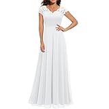 FeMereina Women's Formal V Neck Floral Lace Bridesmaid Maxi Dress Tulle Ball Gown Vintage Mesh Cocktail Party Prom Dress (White, Medium)