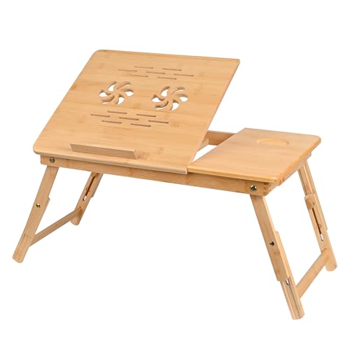 VASMIA Bambus Laptoptisch für Bett und Couch, Klapptisch, Frühstück Serviertablett mit klappbaren Beinen, höhenverstellbar, Bett Regal,zusammenklappbar, natürlich