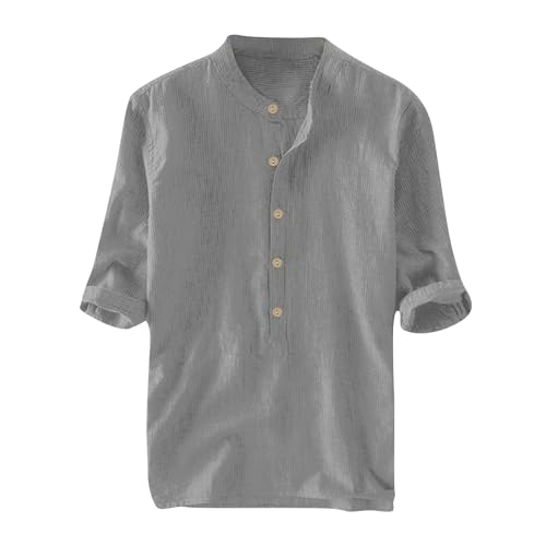 Men Home Color Button Solid Media Manga T Shirts Tops Blose (Grey XXXL)
