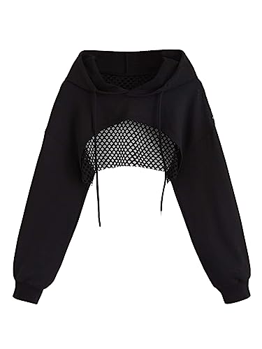 GORGLITTER Damen Super Crop Hoodie Fischnetz Kapuzenpullover Cropped...