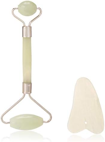 HIGH GRADE Jade Roller with Gua Sha Scrapping Kit for Face, Neck, Body - Anti Aging, Wrinkles, Reduce Puffiness, Rejuvenates Skin, Face Slimmer, Stress Reliever - 100% Natural Stone - Instructions Inc