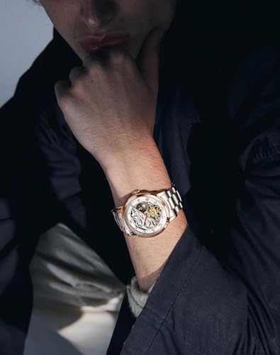 Image of OLEVS Men Automatic Watch Diamond Skeleton Mechanical Luxury Self Winding Moon Phase Calendar Waterproof Wrist Watch for Men