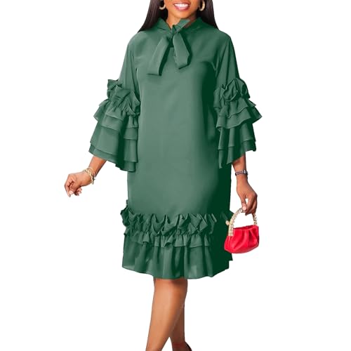 Image of dasmzper Women's Plus Size Midi Dress Ruffle Sleeve Bow Tie Neck Casual A line Swing Midi Dresses