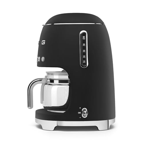 Image of Smeg 50's Retro Style Aesthetic Drip Coffee Machine with 10 Cup Glass Carafe, Auto Start Feature, Keep Warm Plate, and Two Coffee Strength Settings (Matte Black)