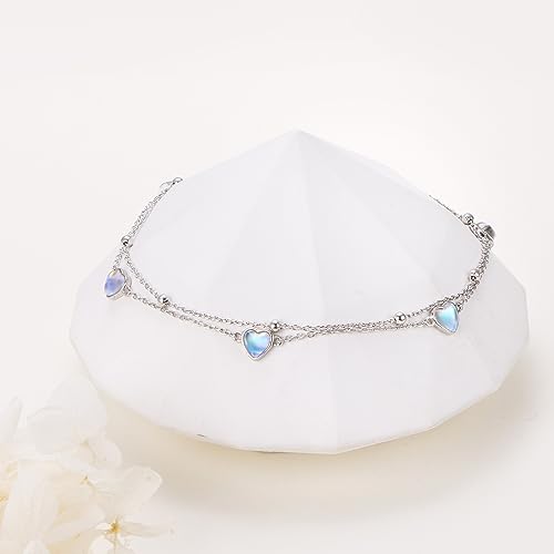Image of Flyow Anklet for Women S925 Sterling Silver Adjustable Foot Beaded Heart Charm Ankle Bracelet Anklets Jewelry