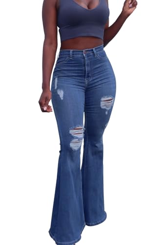 TodTan Women Ripped Flared Jeans High Waisted Bell Bottom Jeans Destroyed Denim Pants