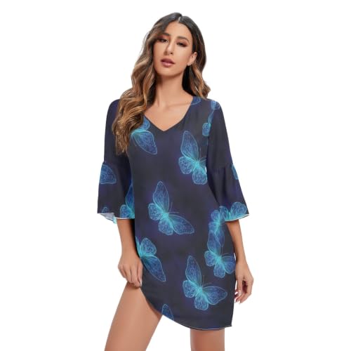 Robe en mousseline de soie papillon bleu chic à manches 3/4 hawaïennes