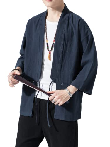 Image of Men's Japanese Kimono Cardigan Loose Cotton Linen 3 /4 Sleeve Open Front Casual Summer Shirt Jackets
