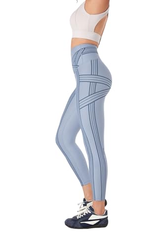 Fanka Powerband Resistance Leggings for Women,7/8 Length–Sculpting Compression with Built-in Bands,Reversible Wear,Foggy Blue/Slate Blue,Medium
