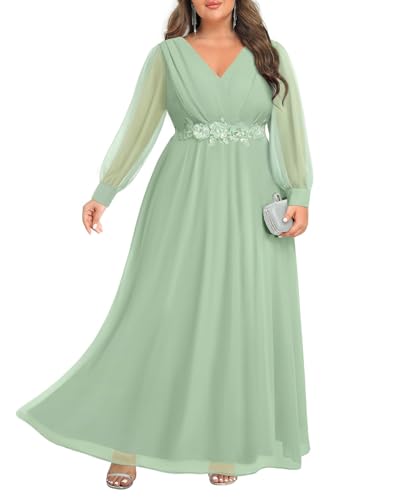 Pinup Fashion Brautjungfernkleider für Damen, Übergröße, Salbeigrün, langärmelig, Chiffon, elegant, Wickelkleid, V-Ausschnitt, gerüscht,...