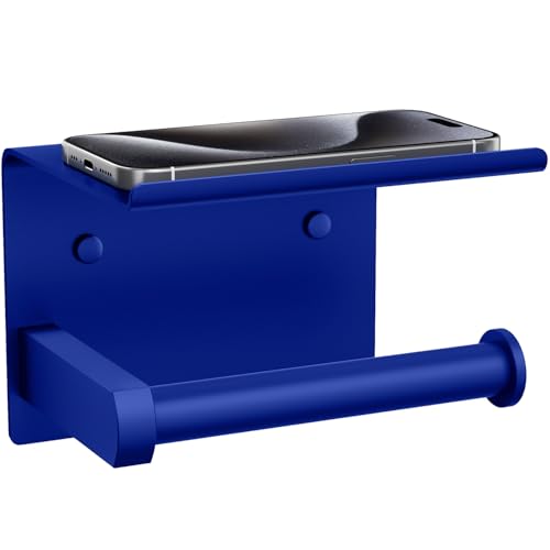 Tindbea Toilet Paper Holder with Shelf Adhesive or Screw Wall Mounted Toilet Paper Roll Dispenser Storage, Stainless Steel Bathroom Shelf Holder Accessories (Klein Blue)