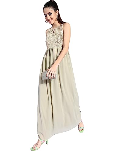 Image of Miss Chase Women's Dusty Green & Golden Solid Embellished Maxi Dress
