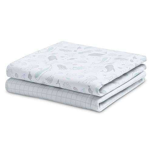 Image of Delta Children 100% Organic Cotton Fitted Crib Sheets, Sea Life + 100% Organic Jersey Cotton Baby Receiving Blankets - 30x40 Inches, GOTS Certified (Pack of 2) (Bundle)