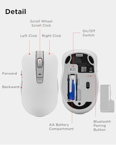 Image of Lenovo Bluetooth Silent Mouse (WL300) - 5 Button Computer Mouse with Silent Left & Right Click - Sculpted Grip, Microsoft Swift Pair, Up to 1600 DPI (White)