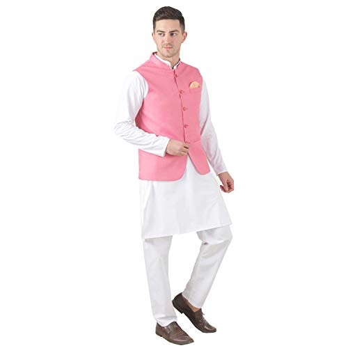 Image of TAHVO Men's Nehru Jacket /Waistcoat /Modi Jacket Cotton Fabric /Men 's 5 Button Nehru Jacket with Hanky Kurta Set
