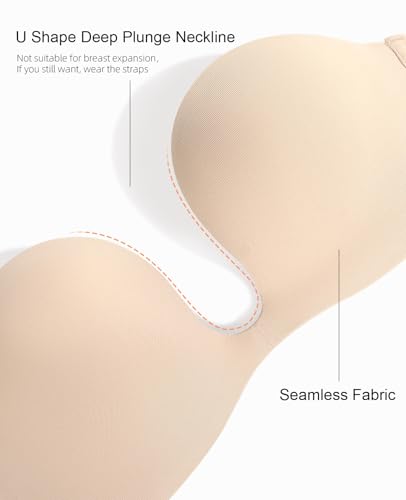 Image of Upushall Strapless Push Up Bras for Women Deep Plunge Non Slip Padded Convertible Underwire Bra Low Cut Sexy U Shaped
