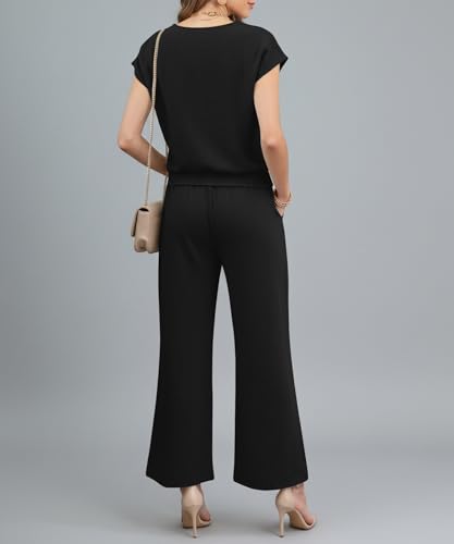 KUOTAI Womens 2 Piece Pant Sets V Neck Tie Front Cap Sleeve Top Wide Leg Pants with Pockets Summer Casual Matching Outfits, Black, XX-Large — view 5