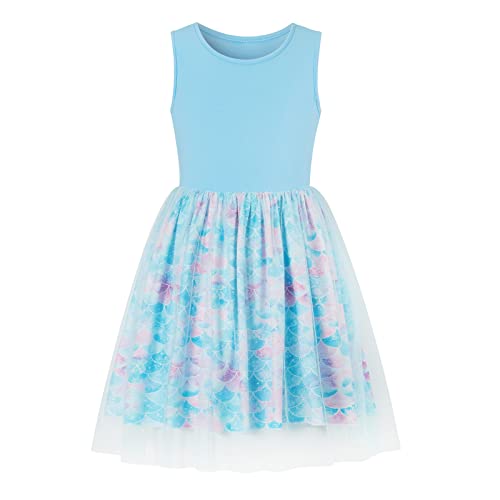 6-7 Year Old Girl Dresses Mermaid Sleeveless Casual Beach Tutu 3D Fish Scale Tulle Dress Blue Sundress One Piece Frocks Size 6 7 #TOP19
