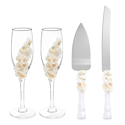 Image of Sparkle and Bash 4 Piece Cake Knife and Server Set with Seashell Champagne Glasses for Beach Wedding Decorations