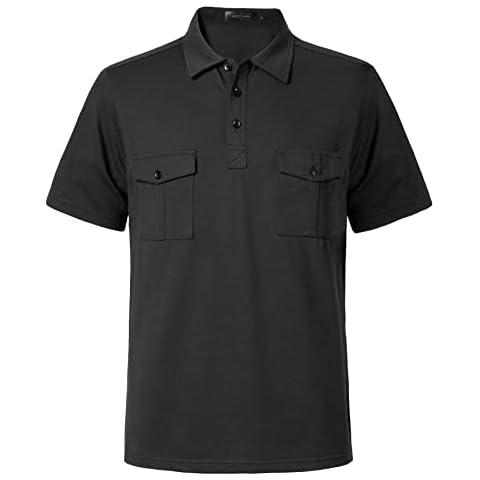 Herothorn Men's Polo Shirts Short Sleeve Cotton Shirts Golf Shirts with Pockets, Black, Medium Cover