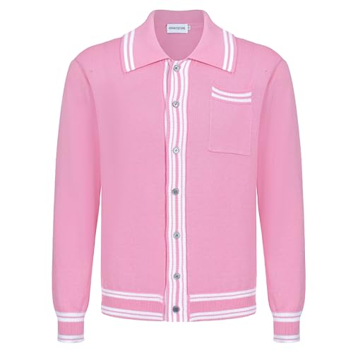 OXKNIT Men's Casual 1960s Mod Style Retro Pink Sweater Knitted Long Sleeve Cotton Vintage Cardigan with Pocket