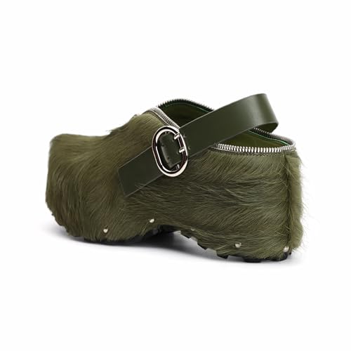 Image of XOBZJH Women's Natural Cow Print Fur Platform Clogs with Decorative Zipper & Adjustable Buckle Strap - Western Slip-On Punk Rivet Mules with Arch Support, Chunky Retro Rustic Style