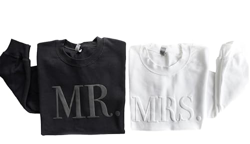 Up2ournecksinfabric - Mrs and Mr Sweatshirt - Honeymoon Outfit - Bridal Shower Gift - Mrs Sweatshirt - New Mrs Gift - Groom Sweatshirt White