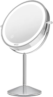 Auxmir Lusterko kosmetyczne z podświetleniem LED, z powiększeniem 1X/10x, 3 regulowane kolory światła, obracane o 360°, dwustronne lusterko do makijażu, lustro stojące, przełącznik dotykowy do domu