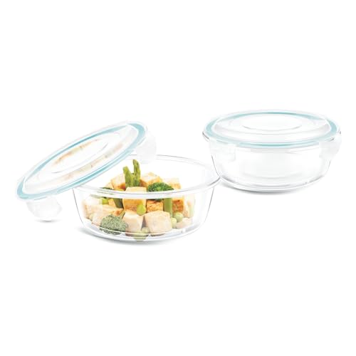 Image of SIGNORA WARE Lock N Store Round Glass Container Set| Microwave Safe| Easy Locking Clips| Airtight & Leakproof| Ideal for Office, Travelling & Outdoors (620ml + 400ml| Set of 2| Clear)