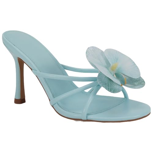 YIYA Women's Flower Strappy Kitten Heels Sandals Elegant Open Round Toe Slip On Slide Floral Slingback Mules Cute Wedding Vacation Party Summer Dress Shoes