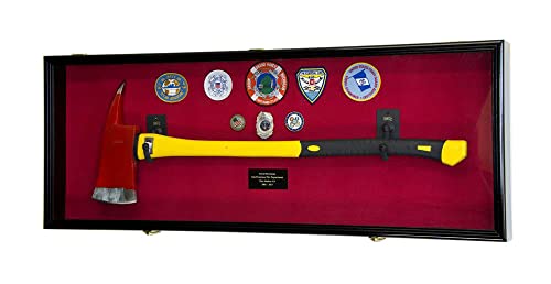 Firefighter Fireman Axe Display Case Cabinet Holder - 98% UV Lockable (Black Wood Finish, Red Background)