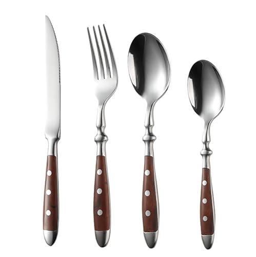 IKXO 16 Pieces Brown Gum Wood Handle Silverware Set for 4 Exquisite Ergonomic Flatware Set Food Grade Stainless Steel Cutlery Set Tableware Eating Utensils Mirror Finished Dishwasher Safe