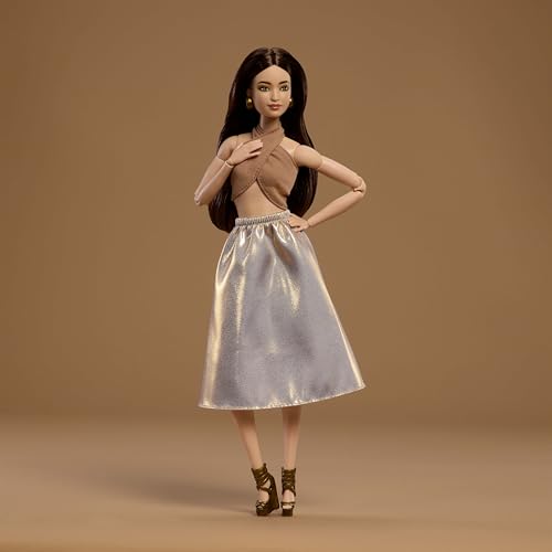 Image of Barbie Basics Model Collector Fashion Doll 06 with Brunette Hair, Shimmery Golden Skirt & Halter, Universal-fit Fashions, Posable Body | Shimmery Golden Skirt & Halter, Universal-fit Fashions, Posable Body