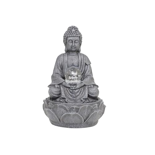 DRULINE Zimmerbrunnen mit LED - Zimmerbrunnen - Buddha Brunnen - Tischbrunnen - Polyresin Stein Optik/Glaskugel Crashlook - B/H/T ca. 20 x 30 x 20 cm - anthrazit - Indoor