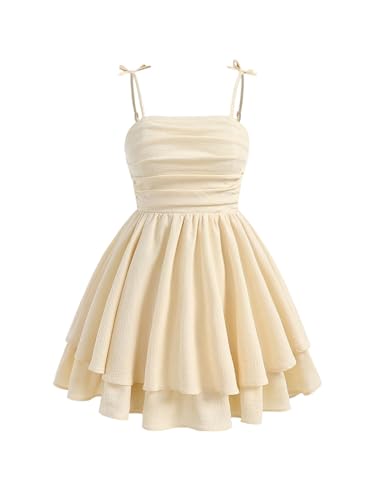 Image of SHENHE Girl's Smocked Ruched A Line Swing Dress Layered Tie Shoulder Flowy Cami Short Dress