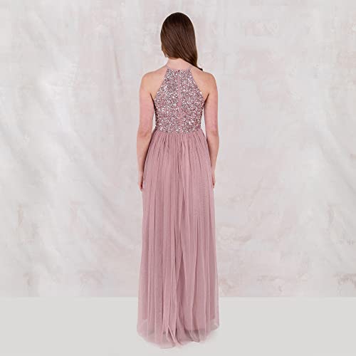 Maya Deluxe Damen Womens Ladies Bridesmaid Maxi Dress Halter Neck Sequin Embellished Prom Graduation Wedding Brautjungfernkleid, Frosted Pink, 28 6