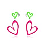 80s Neon Clip on Earrings for Women Double Hollow Heart Punk Retro Earrings 80s Outfit Accessories (Rose Red)