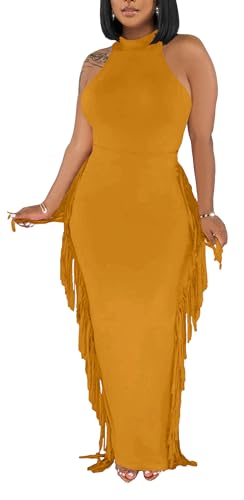 Image of YUEWOO 2 Piece Outfits for Women Sexy Crop Top Ruched Bodycon Maxi Dresses Fringe Skirt Sets Night Club Jumpsuits