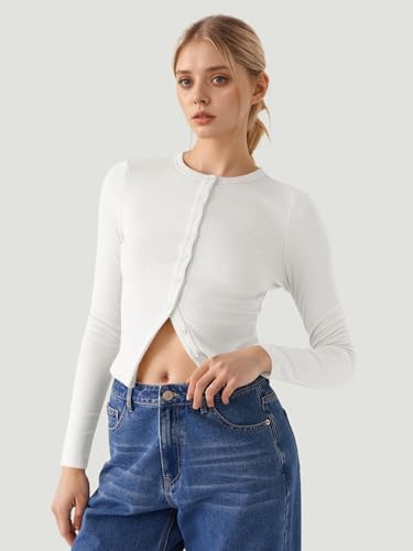 Ribbed Long Sleeve Cardigan for Women, Button Down Slim Fit Crop Top Going Out Cute Casual Trendy Blouses2