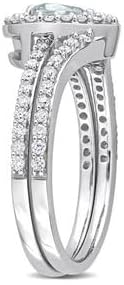 Jewels by Parijaat 1.60 Cttw Heart Cut Created Blue Aquamarine and White Diamond Halo Wedding Bridal Ring Set with Band In 14K White Gold Over 925 Sterling Silver