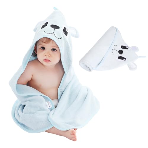 Image of Baby Hooded Bath Towel for Newborns Infants and Toddlers Soft Absorbent Rayon Baby Hooded Towel with Cute Animal Hood Skin Friendly 30 x 30 Inches (Blue)