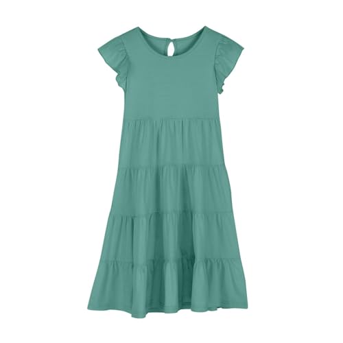 Teen Girls Swing Casual Dress Solid Short Sleeve Ruffle Pleated Flowy Dresses Youth Kids Knee Length Elegant Skirts2