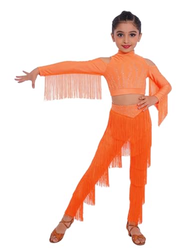 Costume danse latine fille de haute qualite en dentelle avec plumes et pantalon