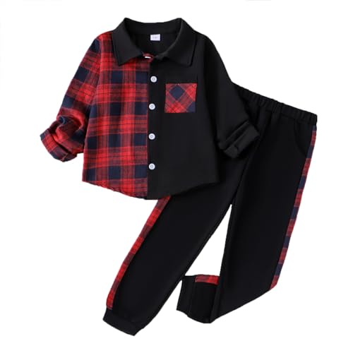 Image of Boy Clothes Fall Winter Outfits Long Sleeve Plaid Patchwork Button Down Shirt + Casual Pocket Sweatpants 5-14 Years