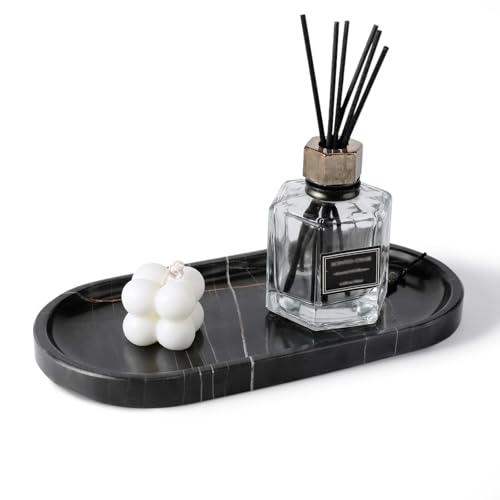 Image of Koville Black Marble Vanity Tray for Bathroom Countertop, 10 inchx5 inch Natural Marble Catchall Tray Perfume Trays for Dresser, Stone Jewelry Dish Candle Holder for Home Decor, Stone Oval Trays
