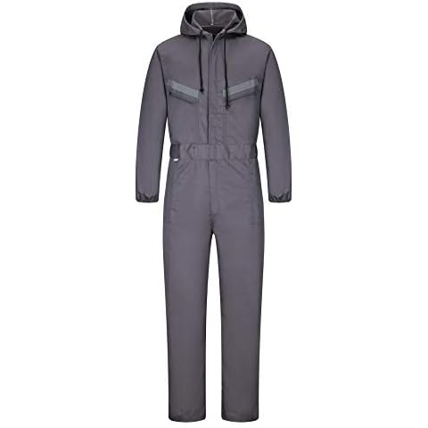 Yukirtiq Men's Workwear Hooded Boilersuit Coverall with Multi Pockets, Heavy Duty Polycotton Overall Trousers Mechanics Boiler Suit with Reflective Tape, Grey, M Cover
