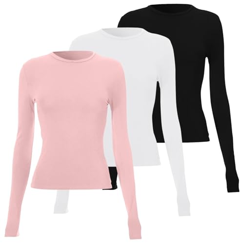 Paquete de 3 camisetas de manga larga de algodón con cuello redondo para mujer, blusas ajustadas, cintura cónica, capa base elástica, hombros rectos, versátil y ligera, blusa básica, R, XS