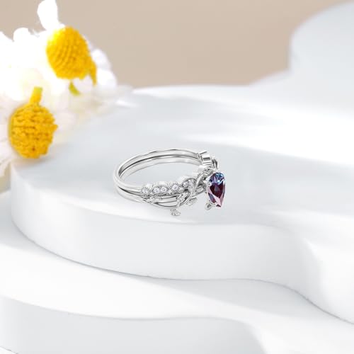 10K 14K 18K Solid Gold Pear Cut Gemstone Leaf Rings Set for Women 1 Carat Gemstone Art Deco Twig Leaf Promise Engagement Ring Unique Bridal Wedding Ring Set for Her2